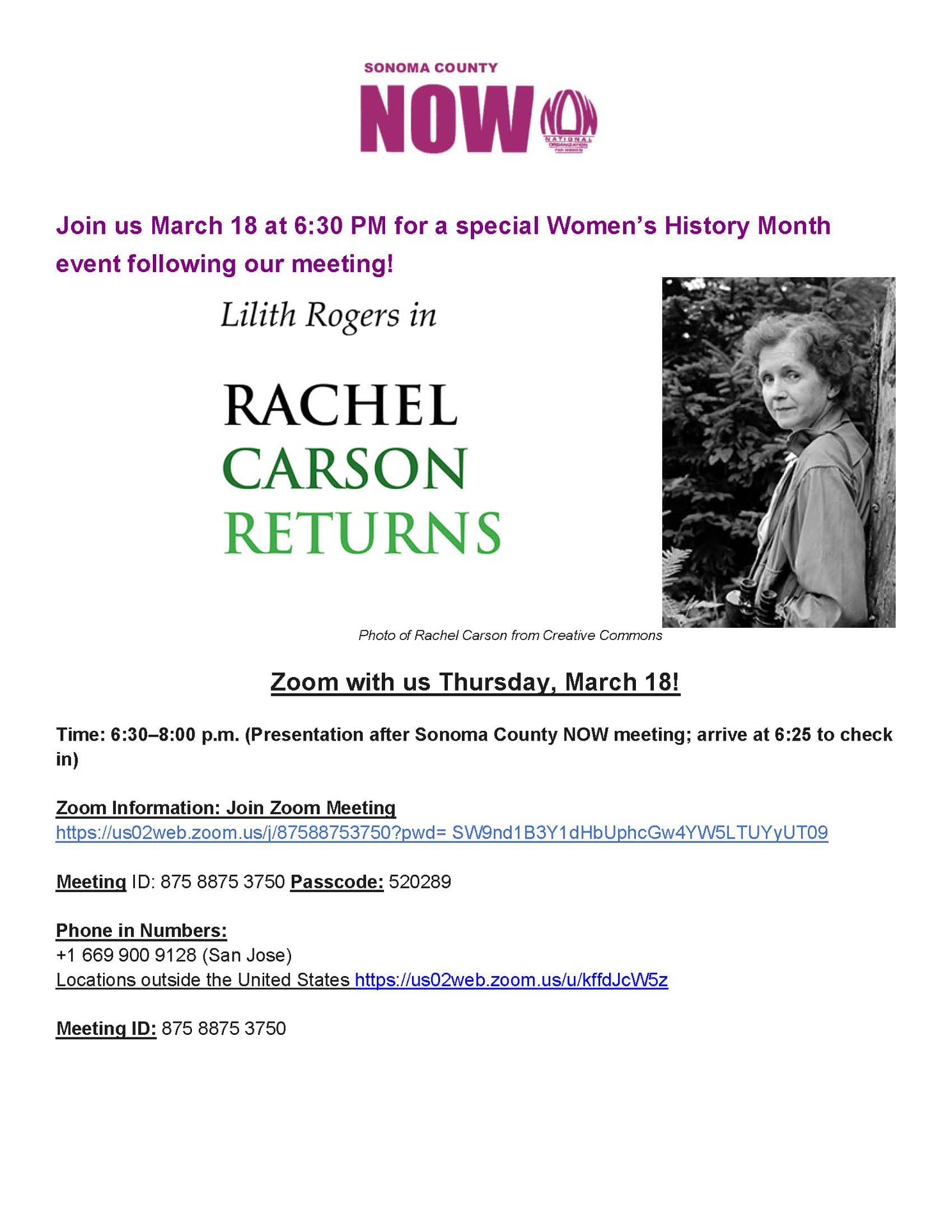 NOW Meeting March 18, 2021 Rachel Carson presentation by Liilth Rogers
